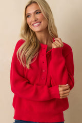 Warm Whimsy Red Knit Button Top Pullover Sweater