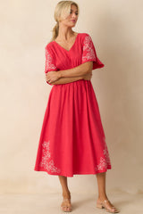Finding Your Way Red Floral Embroidered Cotton Midi Dress