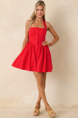 Turning Heads Red Button Down Halter Mini Dress