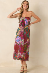 Everyone Knows Red Multi Patchwork Print Rayon Strapless Midi Dress