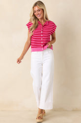 It All Lines Up Red & Pink Stripe Knit Cotton Button Front Top