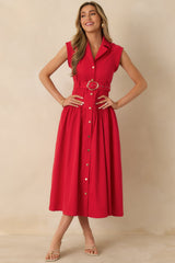 Just Right Moments Red Sleeveless Belted Maxi Shirt Dress