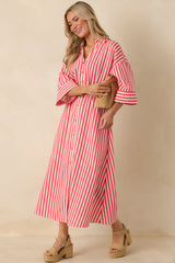 Lighthearted Days Red Stripe Belted Button Front Maxi Shirt Dress