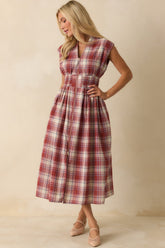 The Evette Red Tartan Plaid Cotton Zip Front Midi Dress