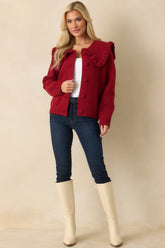 Frilled To Announce Cranberry Red Oversize Ruffle Collar Cardigan Sweater