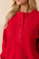 Warm Whimsy Red Knit Button Top Pullover Sweater