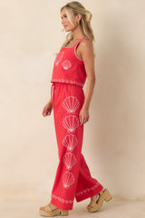 Sea You Soon Red Cotton Blend Shell Embroidered Wide Leg Pants