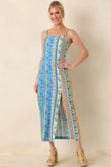 Sipping Under the Palms Blue Multi Tropical Print Bead Detail Midi Dress