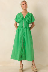 Let It Be Easy Kelly Green Smocked Waist Zip Maxi Dress