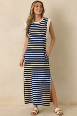 Keep It Straight Navy Stripe Stretch Knit Maxi Dress
