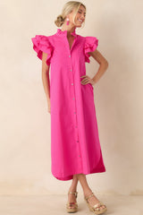 Exactly As Planned Fuchsia Cotton Ruffle Button-Front Midi Dress