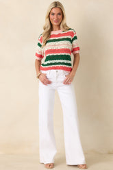 FRNCH Gelsomina Green & Coral Stripe Knit Sweater