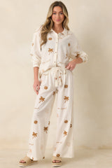 Driftwood Days Light Beige Cotton Coastal Embroidered Wide Leg Pants