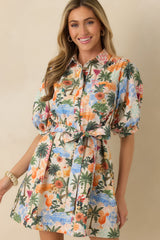 Retro Riviera Multi Tropical Print Tie-Belt Mini Shirt Dress