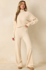 Polished Path Beige Ribbed Batwing Cropped Turtleneck Sweater