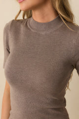 Without Thinking Dark Taupe Ribbed Mock Neck Short Sleeve Top
