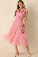 Caught You Smiling Rose Pink Textured Woven Belted Lace Midi Dress