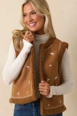 Go Ahead Then Caramel Brown Faux Suede Floral Embroidered Vest