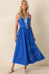 Knot Too Far Royal Blue Cotton Embroidered Midi Dress