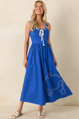 Knot Too Far Royal Blue Cotton Embroidered Midi Dress