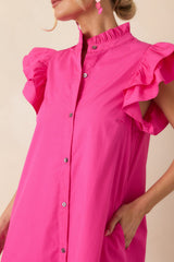 Exactly As Planned Fuchsia Cotton Ruffle Button-Front Midi Dress
