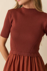 Keep Talking Rust Red Cotton Knit Bodice Short Sleeve Maxi Dress