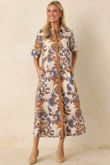 Collected Along the Way Tan & Blue Floral Midi Shirt Dress