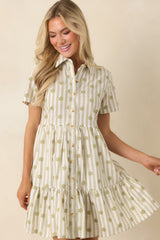Market Days Sage Green Stripe Floral Embroidered Cotton Mini Dress