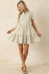 Market Days Sage Green Stripe Floral Embroidered Cotton Mini Dress