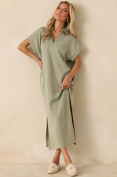 Made The Right Call Sage Green Collared Midi T-Shirt Dress