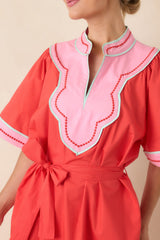 Living Out Loud Poppy Red & Pink Cotton V-Neck Midi Dress