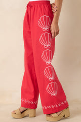Sea You Soon Red Cotton Blend Shell Embroidered Wide Leg Pants