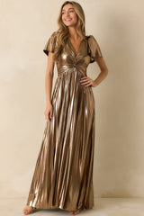 Chasing Stardust Bronze Metallic Pleated Maxi Dress