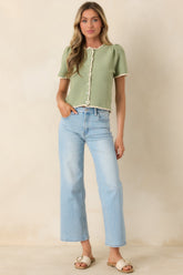 Like a Dream Light Green Knit Lace Trim Button Front Top