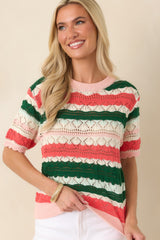FRNCH Gelsomina Green & Coral Stripe Knit Sweater