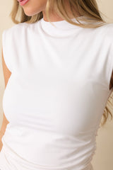 Yve White Sleeveless Ruched Mock Neck Top
