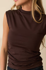 Yve Dark Brown Sleeveless Ruched Mock Neck Top