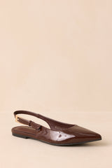 Take Notes Dark Brown Patent Faux Leather Pointed Toe Slingback Flats