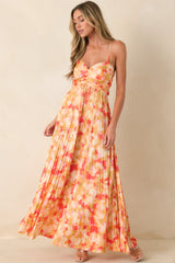 Painted in Sunshine Peach & Red Multi Satin Finish Pleated Maxi Dress