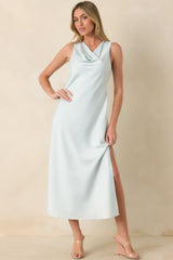 The Moment Is Ours Sky Blue Satin Finish Midi Dress