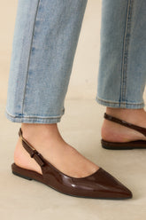 Take Notes Dark Brown Patent Faux Leather Pointed Toe Slingback Flats