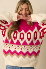 The Art of Warmth Fuchsia Pink Multi Knit Pattered Sweater