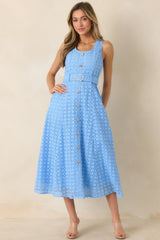Garden Society Blue Cotton Eyelet Sleeveless Midi Dress