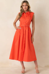 Hello Gorgeous Orange Cotton Belted Sleeveless Midi Dress