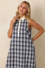Small Town Story Navy Plaid Cotton Midi Dress