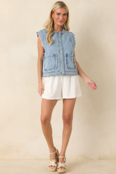 FRNCH Lillo Light Wash Cotton Denim Ruffle Detail Vest