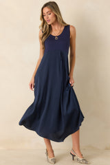 Easy Confidence Navy Knit & Satin Sleeveless Midi Dress