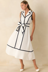 Prosperina Simone White & Navy Contrast Linen Blend Midi Dress