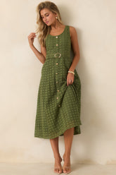 Garden Society Olive Green Cotton Eyelet Sleeveless Midi Dress
