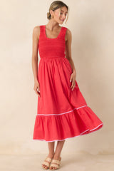 Today's the Day Red Textured Cotton Tiered Midi Dress